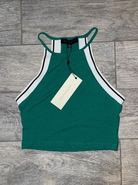 Bardot Green Ribbed Halter Crop Top with Contrast Straps